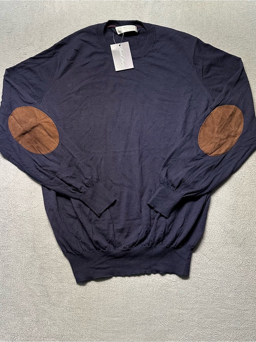 Brunello Cucinelli Mens Medium Cashmere Sweater Navy Elbow Patch Italy FUC